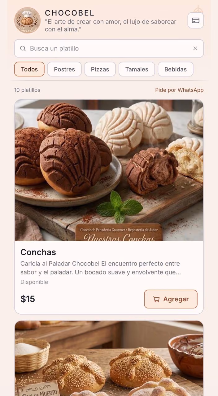 Catálogo de la panadería ChocoBel, con precios de ejemplo: logotipo propio, colores cálidos y secciones de postres, pizzas, tamales y bebidas.