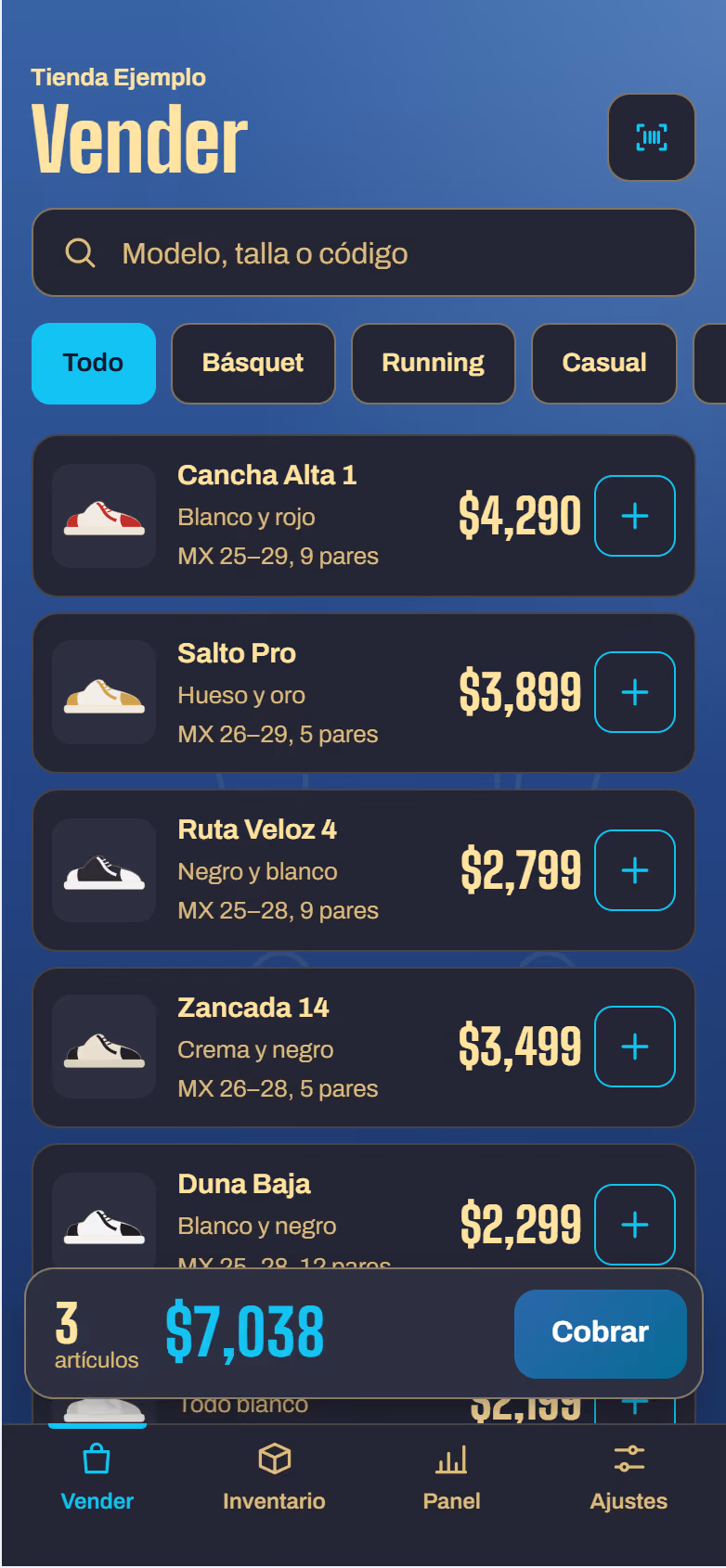 Pantalla Vender de JirehPos en modo Noche: categorías arriba y una lista de tenis con su precio y los pares que quedan. Datos de prueba.