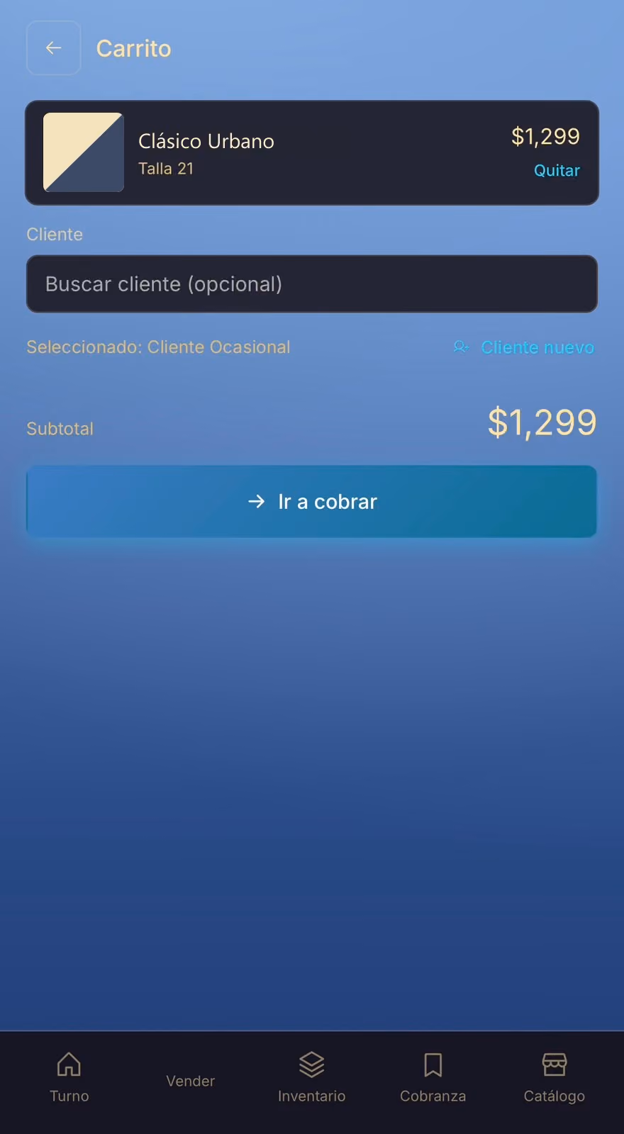 Carrito de venta del punto de venta con un par agregado, su talla, el subtotal y el botón para ir a cobrar.