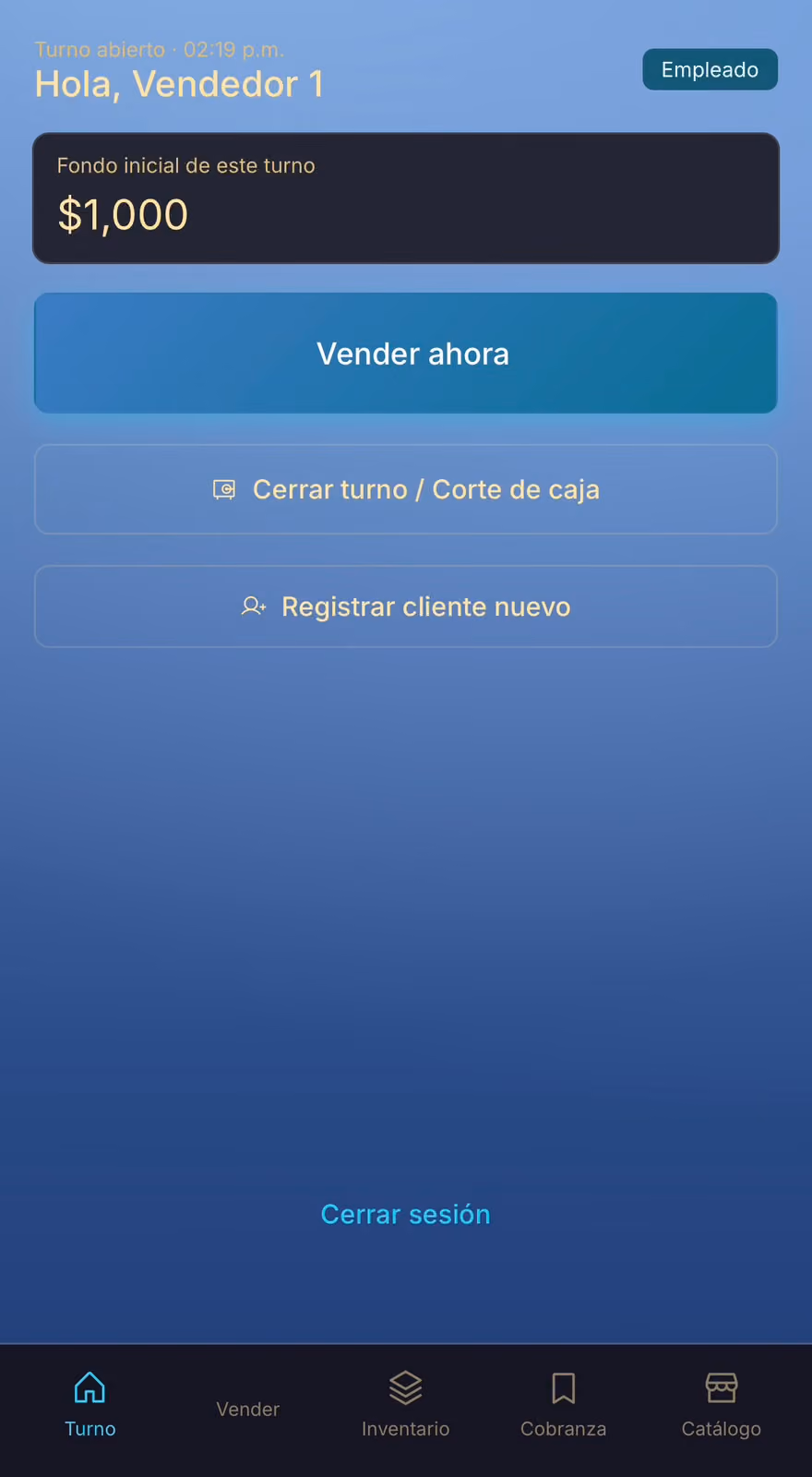 Punto de venta con el turno abierto: fondo inicial de caja, botones para vender, cerrar turno y registrar un cliente nuevo.