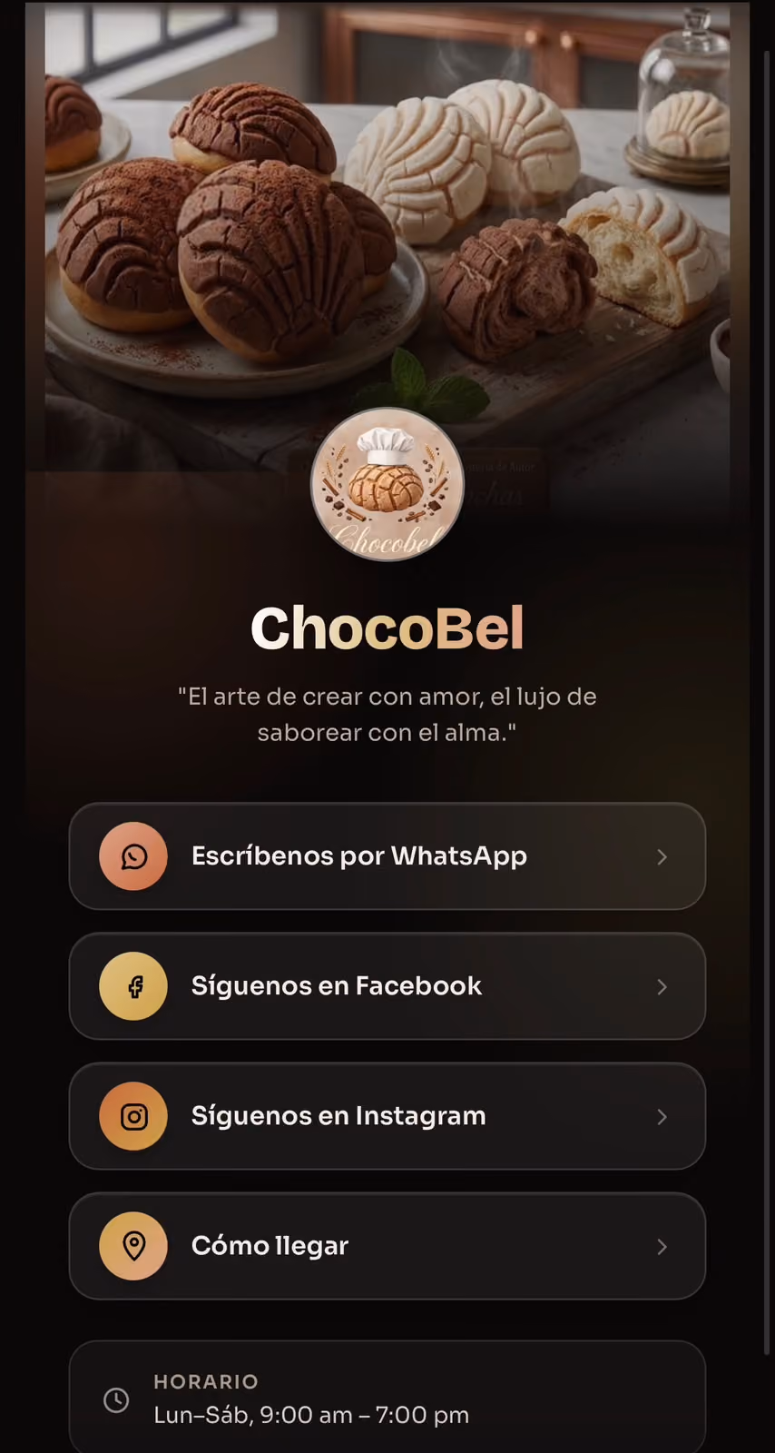 Tarjeta digital de ChocoBel: foto de portada con pan, logotipo redondo, nombre, frase del negocio y botones de WhatsApp, Facebook, Instagram, cómo llegar y horario.